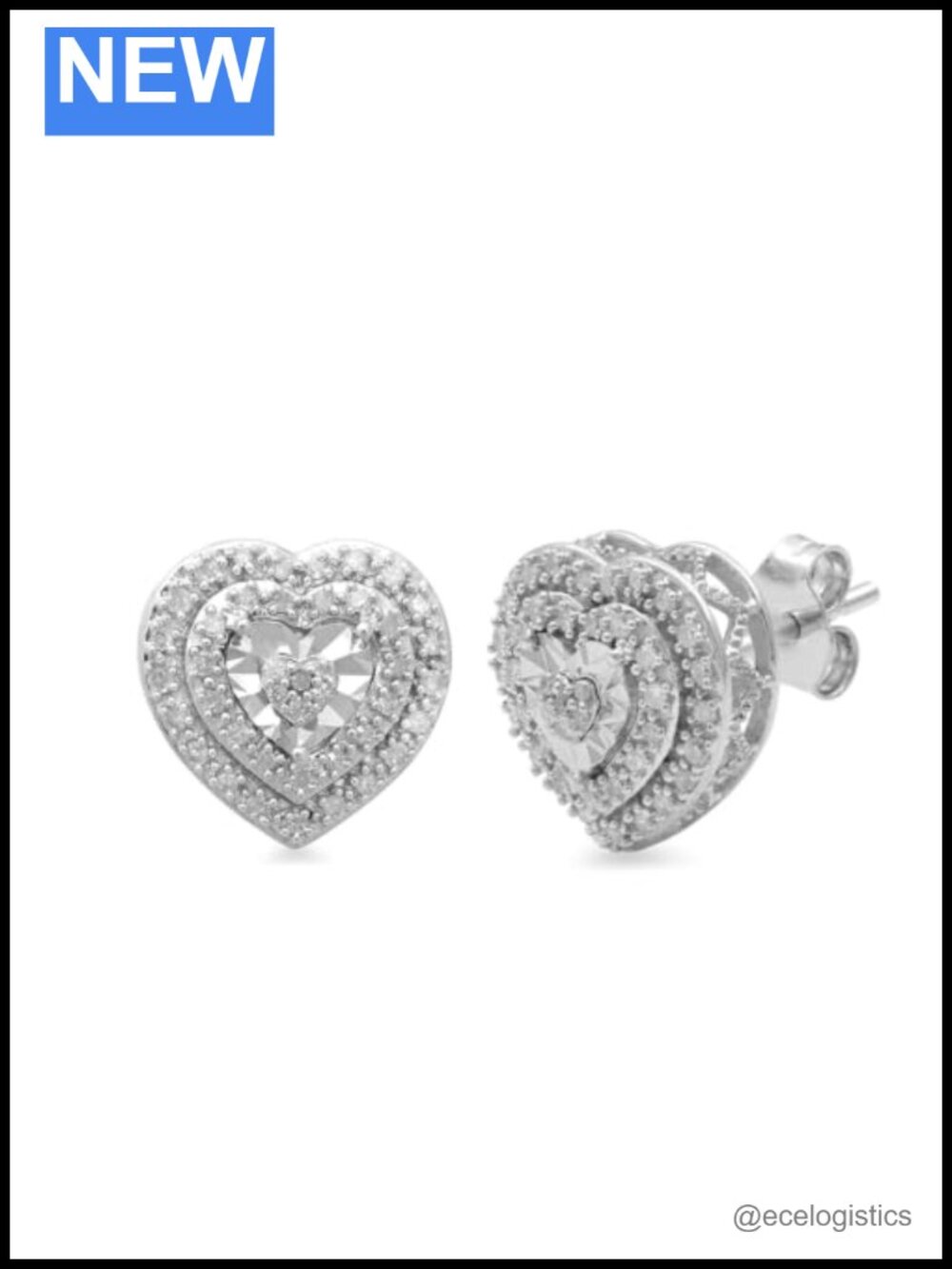 925 Sterling Silver Heart Stud Earrings with 1/4 CTW Diamond Accents and Push